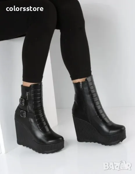 Боти на платформа - черна кожа - B2001, снимка 1
