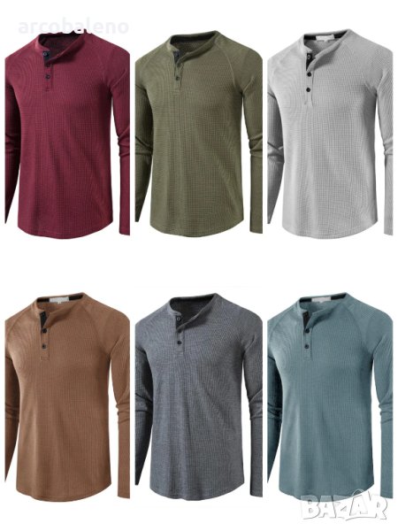 Мъжка едноцветна тениска с дълъг ръкав и копчета, 8цвята, снимка 1