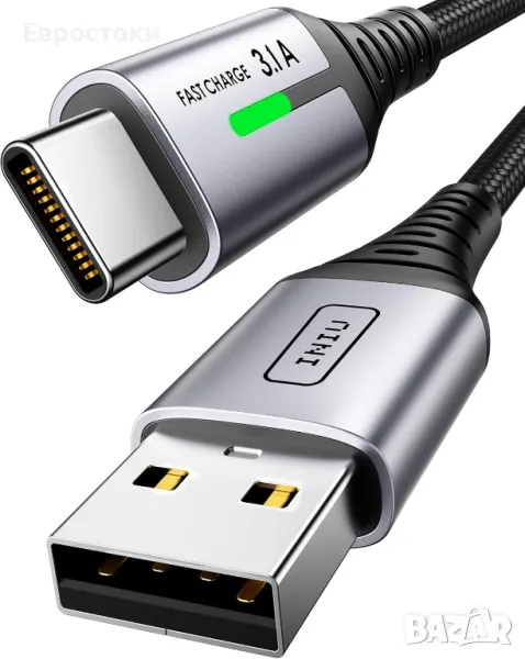 INIU USB тип А към тип USB C кабел, 3,1 A кабел от цинкова сплав с найлоново плетено покритие, снимка 1