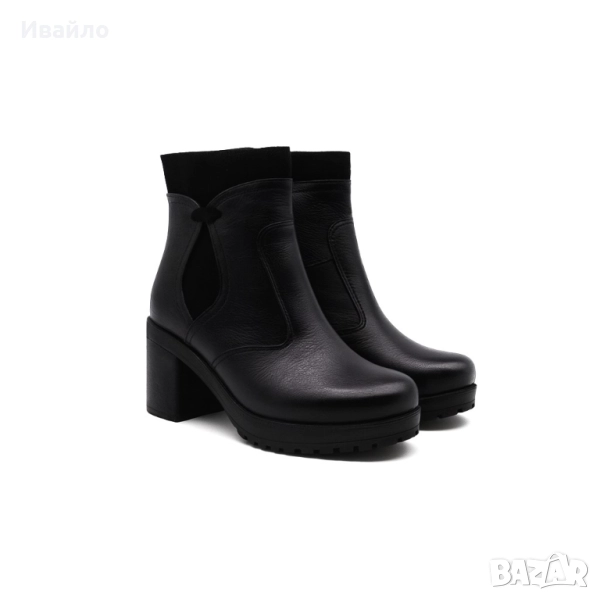 Дамски черни боти от естествена кожа с висок ток и цип, снимка 1