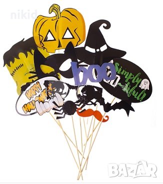 12 забавни клечки маски Хелоуин Halloween снимка парти повод рожден ден Props пропс аксесоари снимки, снимка 1