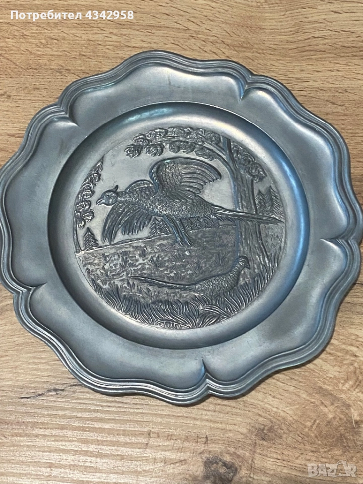 Немска калаена чиния за стена «Фазани»., снимка 1