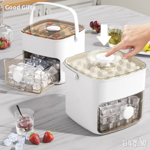 Контейнер за лед с 3 нива и натискащ механизъм – Кутия с форма за кубчета, капак и щипка, снимка 1