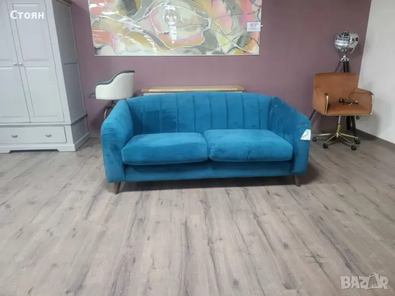 Дизайнерски син диван от плат голяма двойка, снимка 1