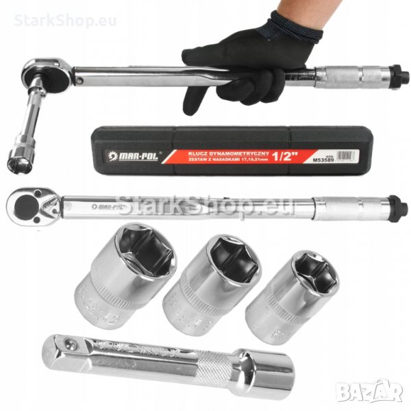  Динамометричен ключ 1/2″ 28 – 210 Nm + комплект вложки (17, 19, 21 мм) + удължител 125 мм Mar-Pol M, снимка 1