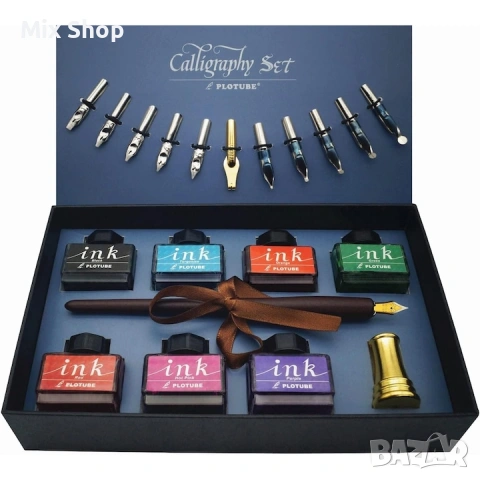 Нов Комплект за калиграфия от 22 части, със 7 различни цветни мастила, дървена графична писалка 