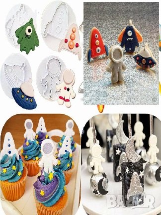 космонавт Космос ракета 4 бр резци с бутало и релеф тесто фондат бисквитки сладки украса резец форма, снимка 2 - Форми - 18769465