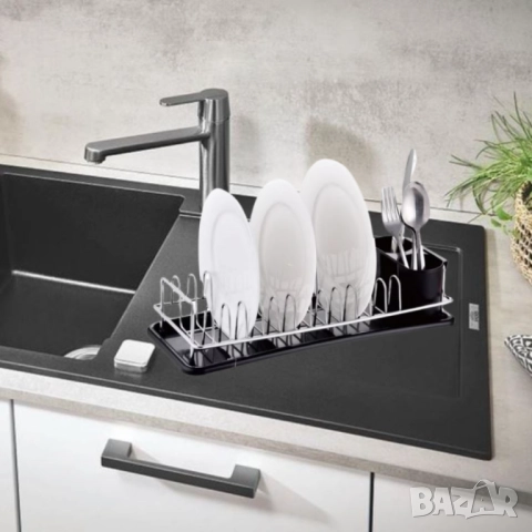 Сушилник за съдове Rosberg, 1 ниво, хром/черна табла, 41.5х17.5х9.5 см