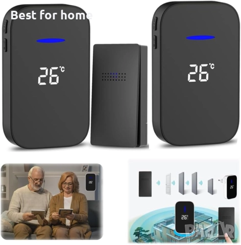 Комплект безжичен звънец с вграден термометър, 38 опции за звънене-2 бр.