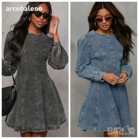 Модна дамска дънкова рокля с дълги ръкави с талия в пачуърк, 2цвята 