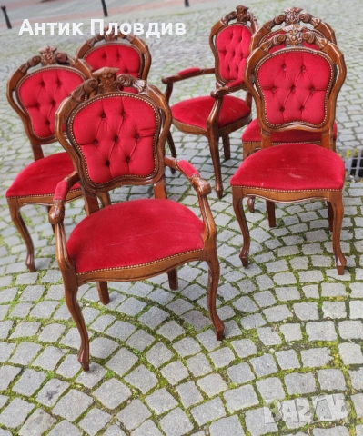 Комплект от 6 трапезни стола с червена плюшена дамаска, снимка 10 - Столове - 53983502