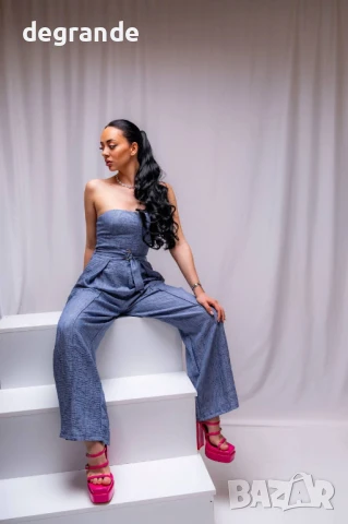 Луксозен син дамски гащеризон, снимка 3 - Гащеризони - 50899808