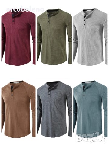 Мъжка едноцветна тениска с дълъг ръкав и копчета, 8цвята