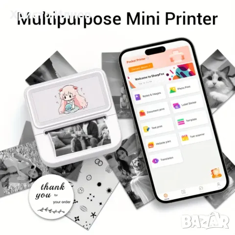 Принтер за етикети бележки Термопринтер Мини принтер без мастило, снимка 4 - Принтери, копири, скенери - 50268412