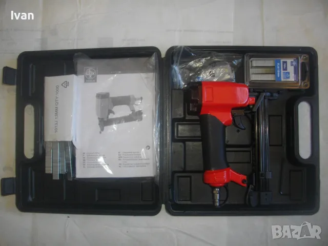 НОВ Малък Немски ПНЕВМАТИЧЕН ТАКЕР за скоби 6-16мм Дърводелски Тапицерски Пълен комплект LUX TOOLS, снимка 2 - Други инструменти - 47532147