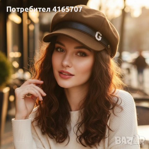 Елегантна дамска шапка тип фуражка с декоративна лента и метално лого, снимка 5 - Шапки - 52665597