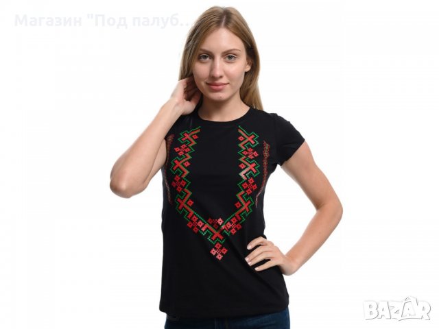 Нова дамска черна тениска с трансферен печат Шевица, Етно мотив, България, снимка 13 - Тениски - 29964913