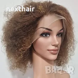 Къса естествена афро перука с обем - кафява с руси кичури | Lace Front 13x4