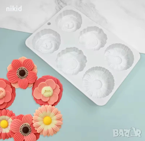 6 бр голямо едро цвете силиконов молд форма за шоколад сапун гипс свещ кексчета мъфини, снимка 2 - Форми - 50810410
