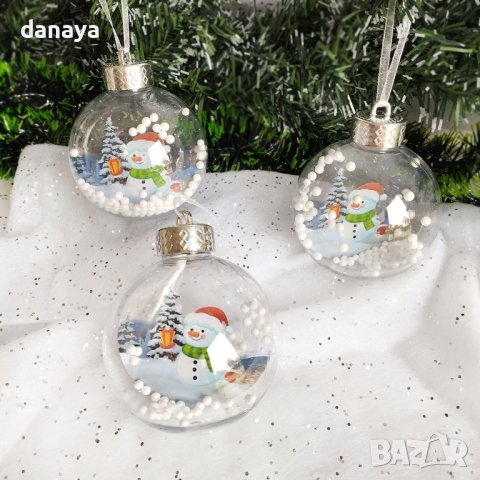 4257 Прозрачни коледни топки за елха с декорация Снежко, 3 броя, снимка 2 - Декорация за дома - 42905721