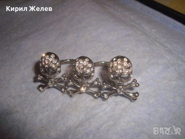 ДВОЕН ДАМСКИ ФЕШЪН АРТ ПИРАТСКИ КРИСТАЛЕН ХЕВИ МЕТЪЛСКИ СРЕБРИСТ ПРЪСТЕН 17503, снимка 4 - Пръстени - 37463757