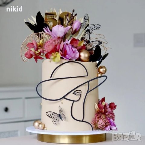 8 вид Абстрактно дамско лице с капела шапка черен златен контур топер украса декор торта