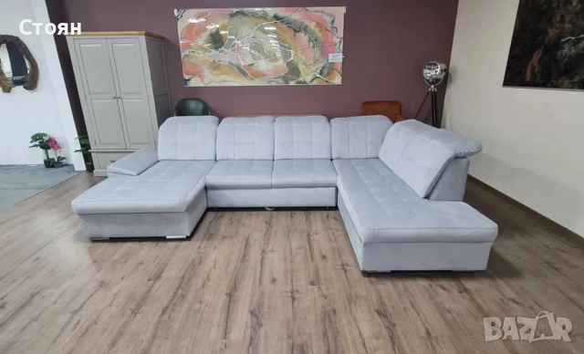 Сиво син П образен ъглов диван от плат Nigrum с функция сън