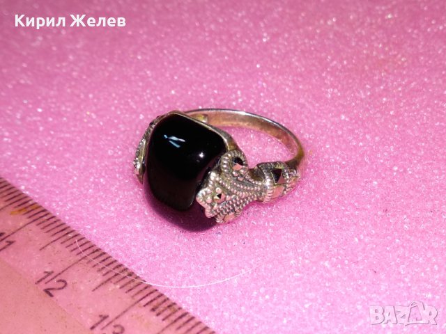 РАЗКОШЕН АНГЛИЙСКИ СКЪПОЦЕНЕН СРЕБЪРЕН ПРЪСТЕН СРЕБРО 925 с ЧЕРЕН ЯСПИС и ФАСЕТИРАНИ МАРКАЗИТИ 42041, снимка 4 - Пръстени - 44390593