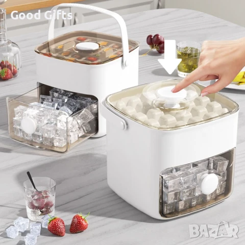 Контейнер за лед с 3 нива и натискащ механизъм – Кутия с форма за кубчета, капак и щипка