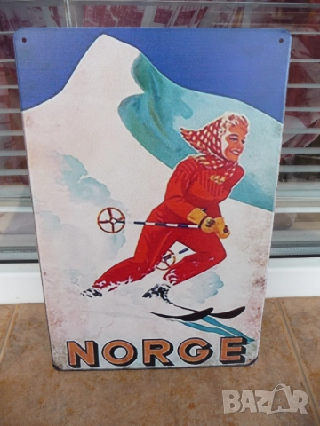 Метална табела разни Норвегия скиорка спускане ски писта наклон ретро ръкавици щеки забрадка усмивка