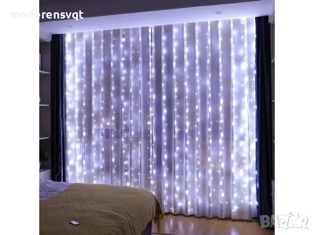 Светлинна завеса 300 LED гирлянда за прозорец с дистанционно управление в студени цветове 3м, снимка 4 - Лед осветление - 52640000
