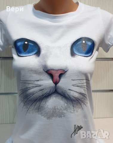Страхотна нова дамска бяла тениска с 3D принт Котка със сини очи, снимка 7 - Тениски - 29126635