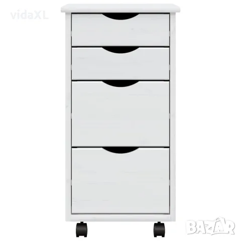 vidaXL Шкаф с чекмеджета на колелца MOSS, бял, бор масив, снимка 5 - Шкафове - 56147337
