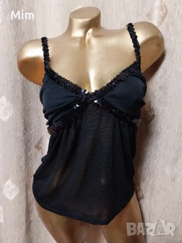 S/ M Черен топ от еластичен прозрачен тюл и пайети , снимка 2 - Корсети, бюстиета, топове - 49886386