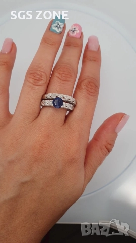 СРЕБЪРЕН ДВОЕН ПРЪСТЕН С САПФИР, снимка 4 - Пръстени - 52397340