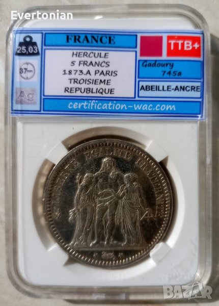 Франция 5 франка 1873 A / сребро, снимка 1