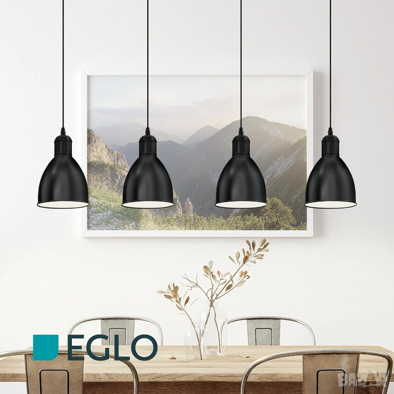 Eglo Priddy 4 Лампов Индустриален Пендел – Винтидж Дизайн, Метал, E27, Черно Бяло!, снимка 1