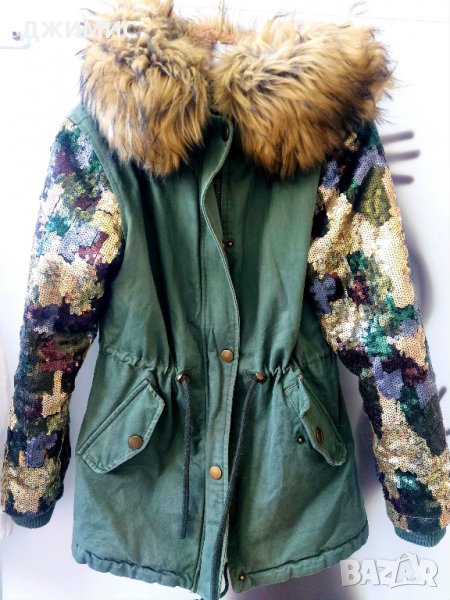 Красиво детско яке, ръкав паети, качулка естествен косъм, снимка 1