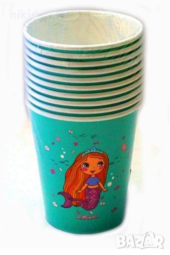 Русалка момиченце син фон 10 бр картонени чаши парти рожден ден, снимка 1