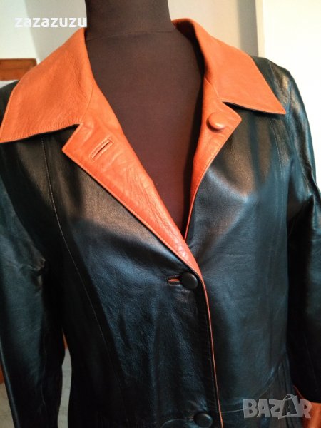 2 в 1 ЕСТЕСТВЕНА КОЖА дамско кожено манто с две лица - черен и оранжев цвят, снимка 1