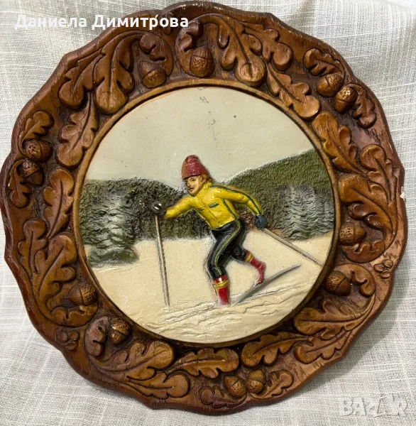 Ретро стенна чиния, дърворезба, снимка 1
