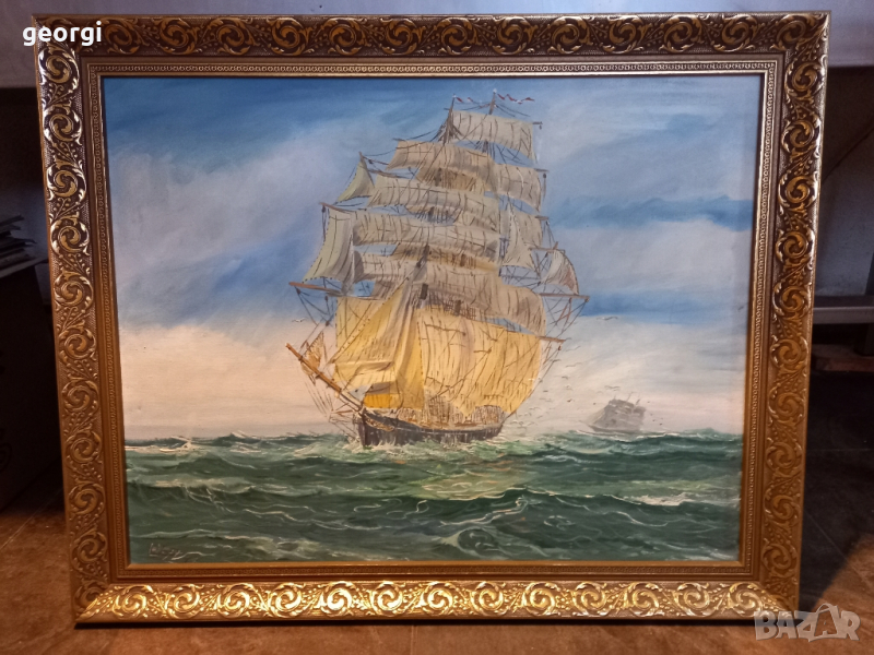 Стара картина платно кораб, снимка 1