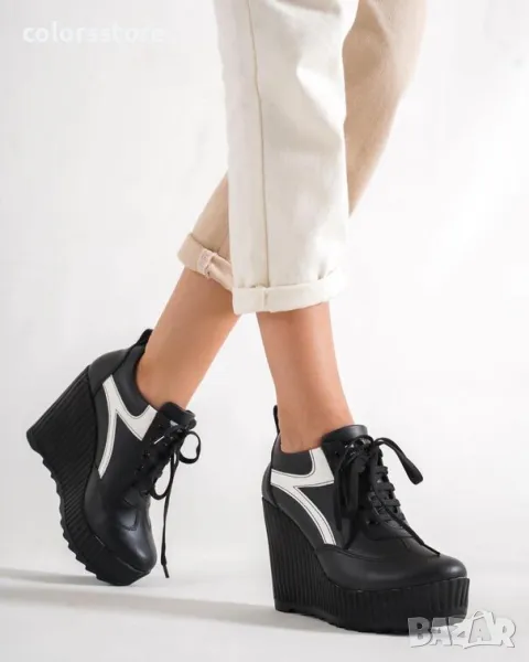 Кецове на платформа - черна кожа с бяла лента - NO4, снимка 1