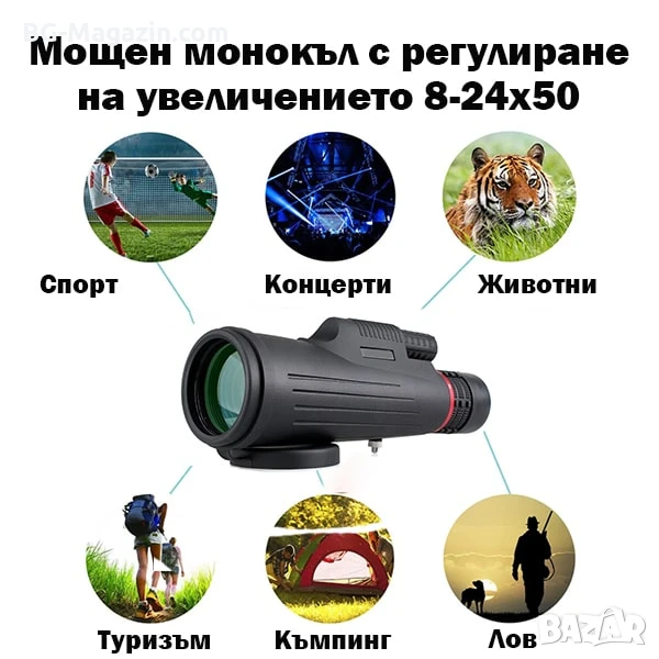 Мощен джобен монокъл за лов далечно виждане Beileshi 8-24×50 лов птици животни BAK-4 стъклена леща, снимка 1