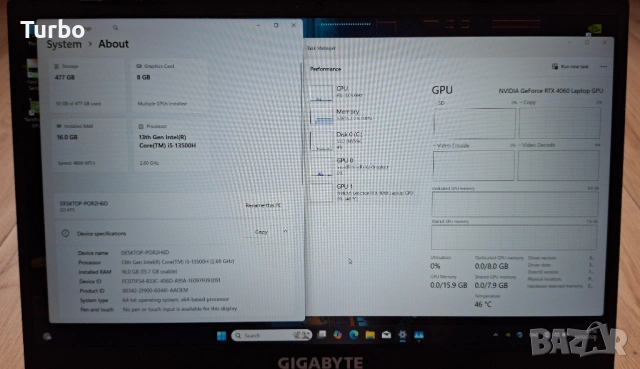 15.6' 144Hz GIGABYTE G5 Core i5-13500H/RTX 4060 8GB/16GB DDR5/512GB/Бат.4ч., снимка 5 - Лаптопи за игри - 54059804