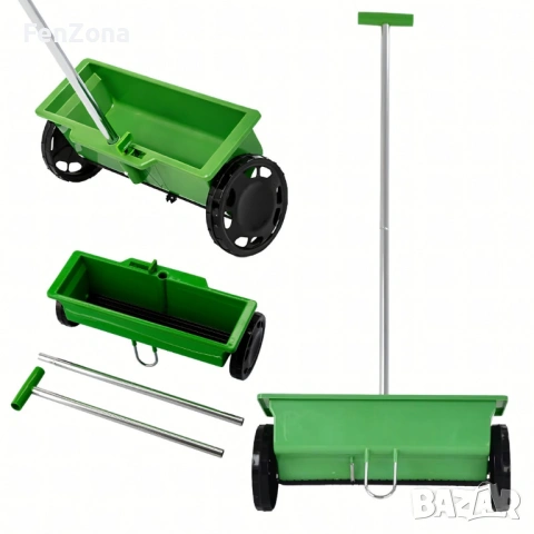 Градинска сеялка 6L с колела – разпръсквач за семена, торове, пясък и сол с 5-степенно регулиране