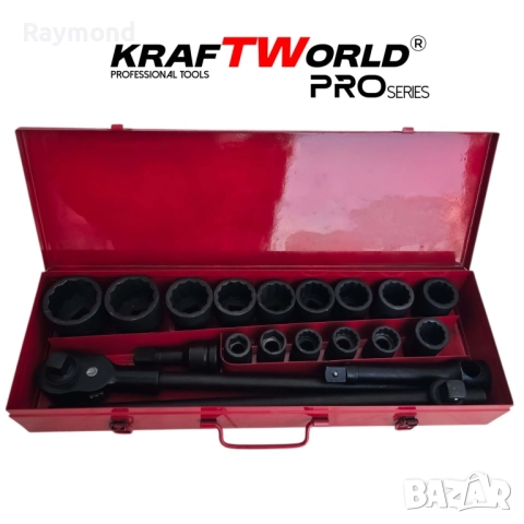 Гедоре 21 части с 12-стенни ударни вложки KraftWorld 3/4″ – професионален комплект за камиони, снимка 2 - Гедорета - 51465457