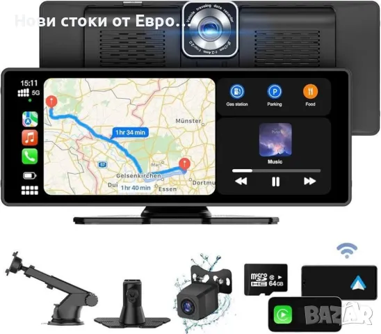 Apple Carplay за кола,9,3-инч преносим Apple Carplay и Android Auto,аудиоприем с2.5KHD Dash Cam, снимка 1