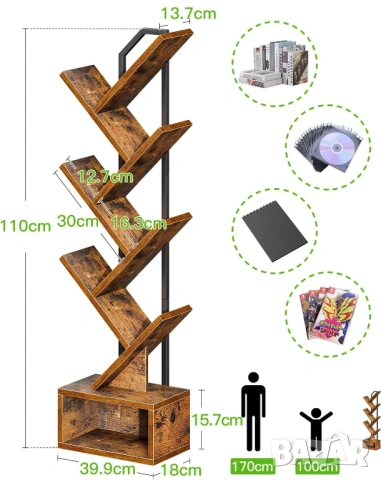 Масивна Библиотека с 6 рафта стабилна и ефектна от дърво + метал, снимка 4 - Етажерки - 53113500