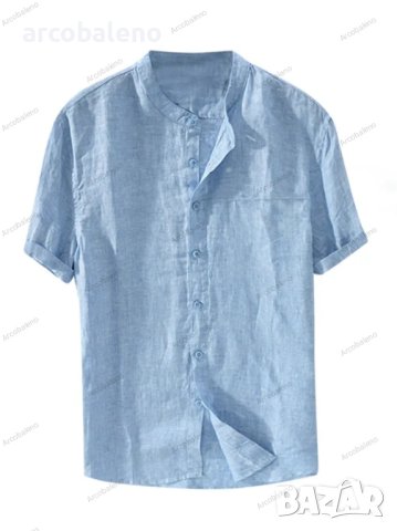 Ликвидация! Мъжка памучна ленена ежедневна риза с къс ръкав в плътен цвят - Доставка 24 часа 